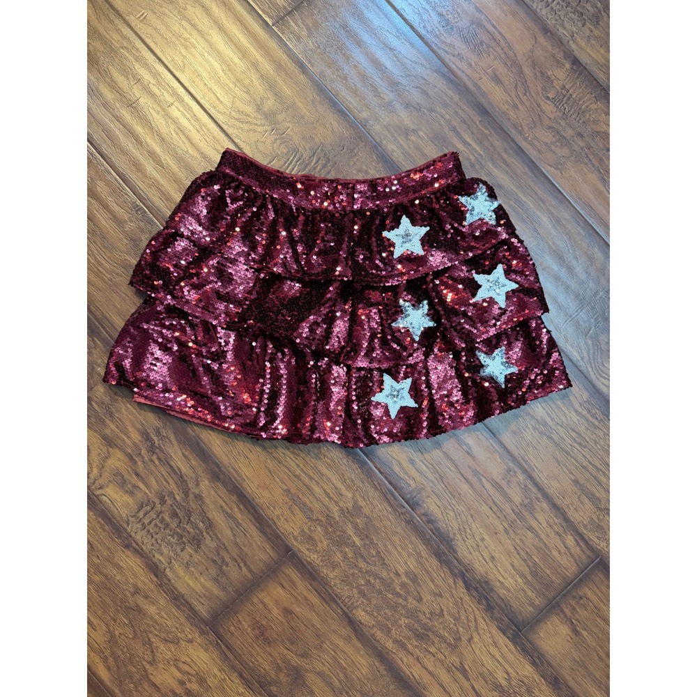 Peach Love Sequin Star Mini Skirt Womens L Burgundy Excellent Tiered Ruffle
